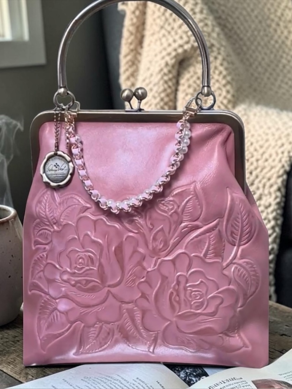 Patricia Nash 10th Anniversary Pink Embossed Leather Floral Handbag.